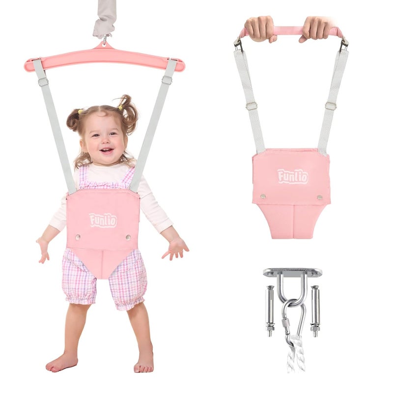 FUNLIO 2 in 1 Baby Jumper with a Ceiling Hook, Baby Walking Harness for 6-24 Months, Infant Jumper for Indoor/Outdoor Play, Infant Jumper Doorway with Adjustable Chain, Easy to Assemble & Store - Pink - Image 1